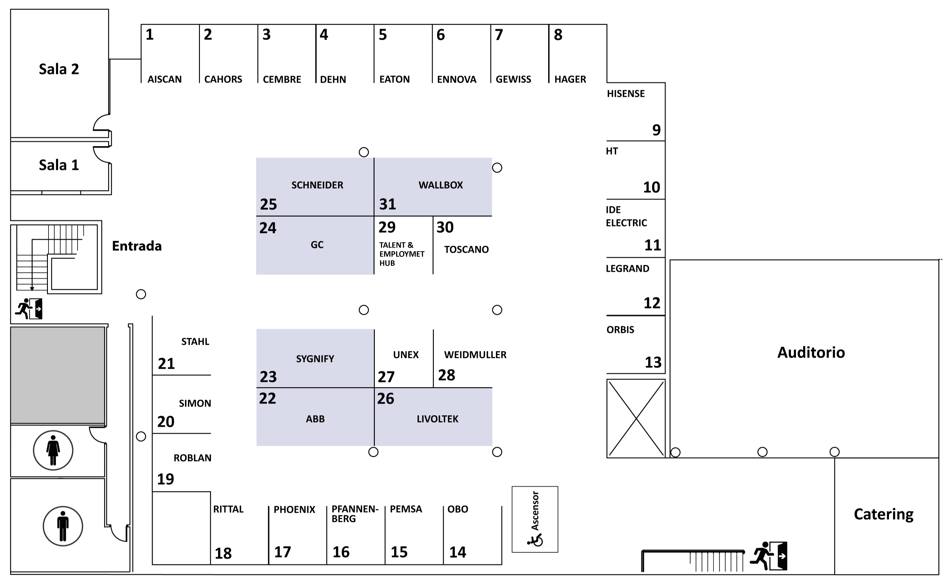 Plano de distribución de los stands y zonas de exposición en Elecam Experience Week